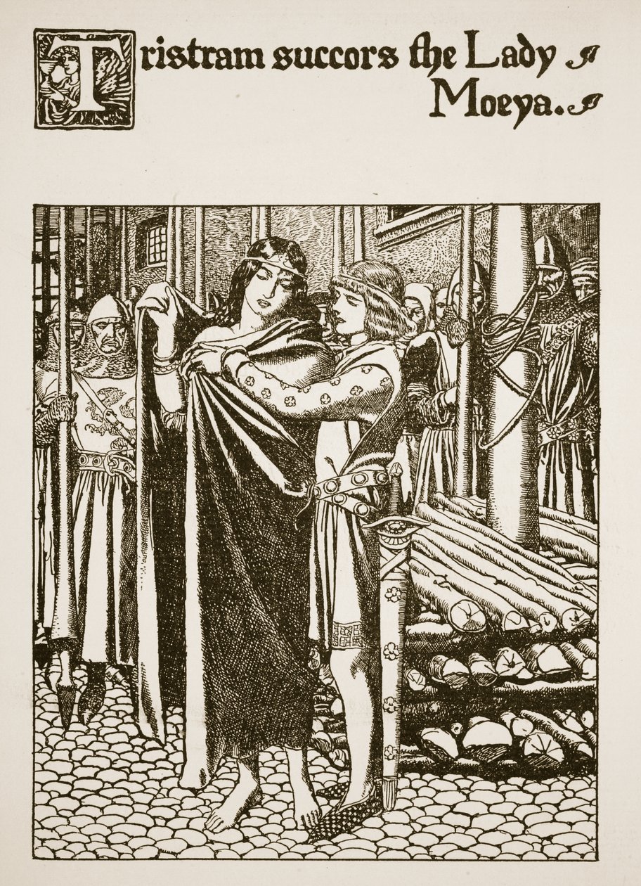Tristram auttaa Lady Moeyaa, kuvitus elokuvasta "Pyöreän pöydän mestareiden tarina" tekijältä Howard Pyle