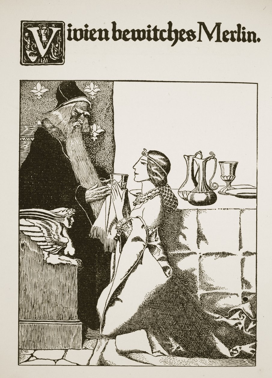 Vivien lumoaa Merlinin, kuvitus "Kuningas Arthurin ja hänen ritareinsa tarinasta", 1903 tekijältä Howard Pyle