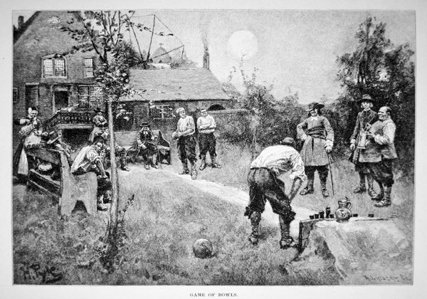 Kulhopeli 1600-luvun siirtomaa-Amerikassa (litho) tekijältä Howard (after) Pyle