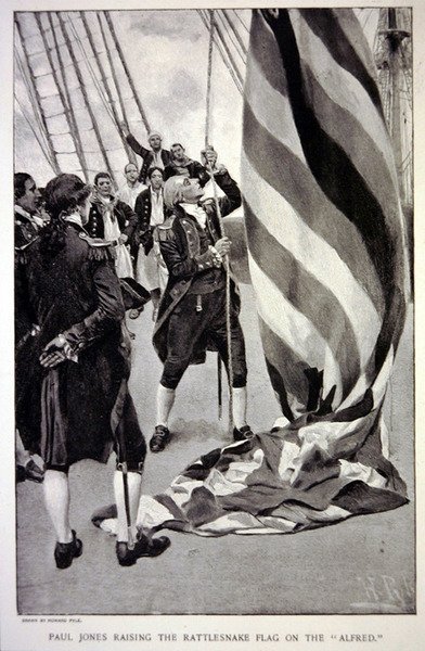 John Paul Jones nostamassa Amerikan kalkkarolippua Alfredilla (litografia). tekijältä Howard (after) Pyle