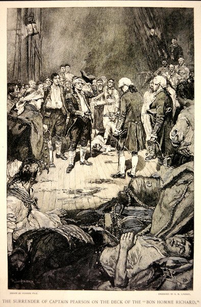 Kapteeni Pearsonin antautuminen John Paul Jonesille Bonhomme Richardin kannella vuonna 1779 (litho) tekijältä Howard (after) Pyle
