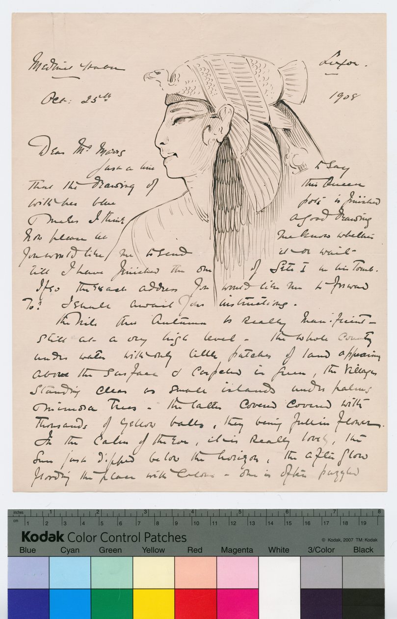 Sivu 1 Howard Carterin kirjeestä Kingsmill Marrsille, 25. lokakuuta 1908 (kynä ja muste paperille) tekijältä Howard Carter