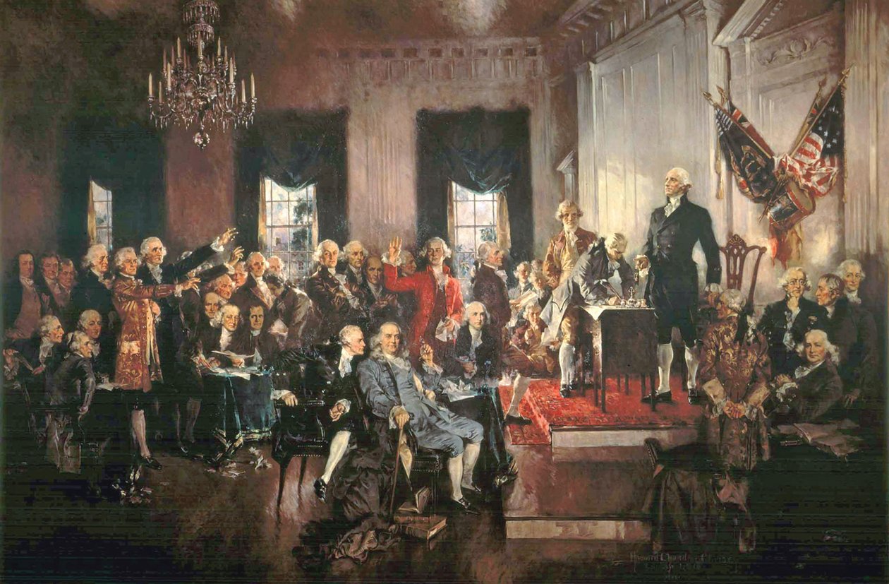 Yhdysvaltain perustuslain allekirjoittaminen vuonna 1787 tekijältä Howard Chandler Christy