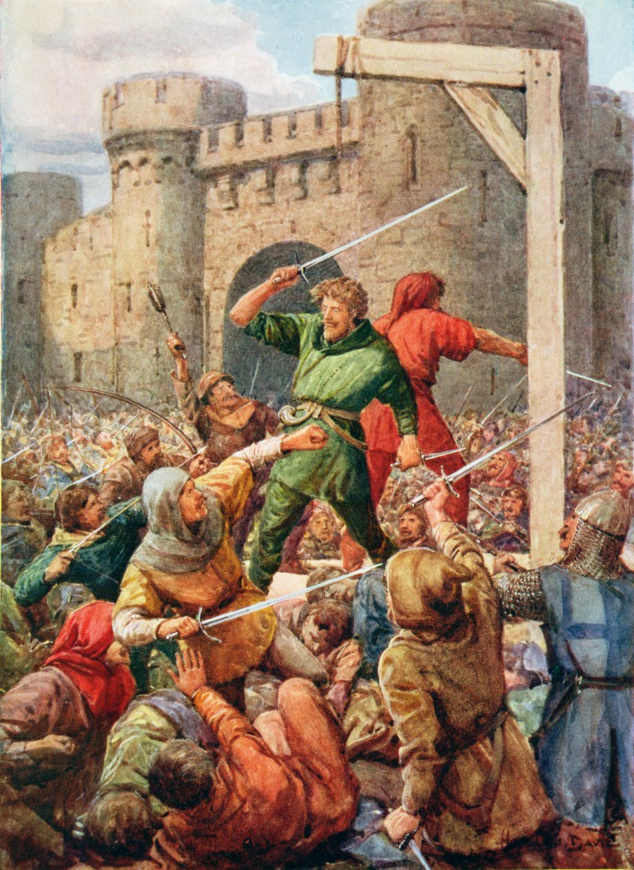 Takaisin vastakkain seisoivat pelomattomat kaksi, kuvitus teoksesta "Robin Hood ja hänen elämänsä Merry Greenwoodissa", jonka kertoi Rose Yeatman Woolf, julkaisija Raphael Tuck tekijältä Howard Davie