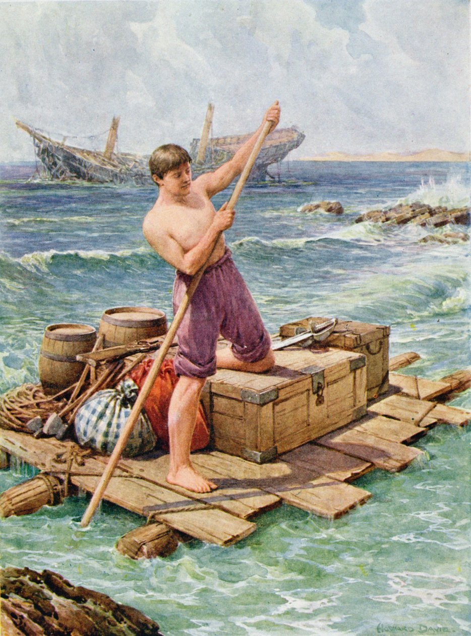 Lautta tuominen hylystä, kuvitus Daniel Defoen (1660-1731) "Robinson Crusoelle" (värinen lito) tekijältä Howard Davie