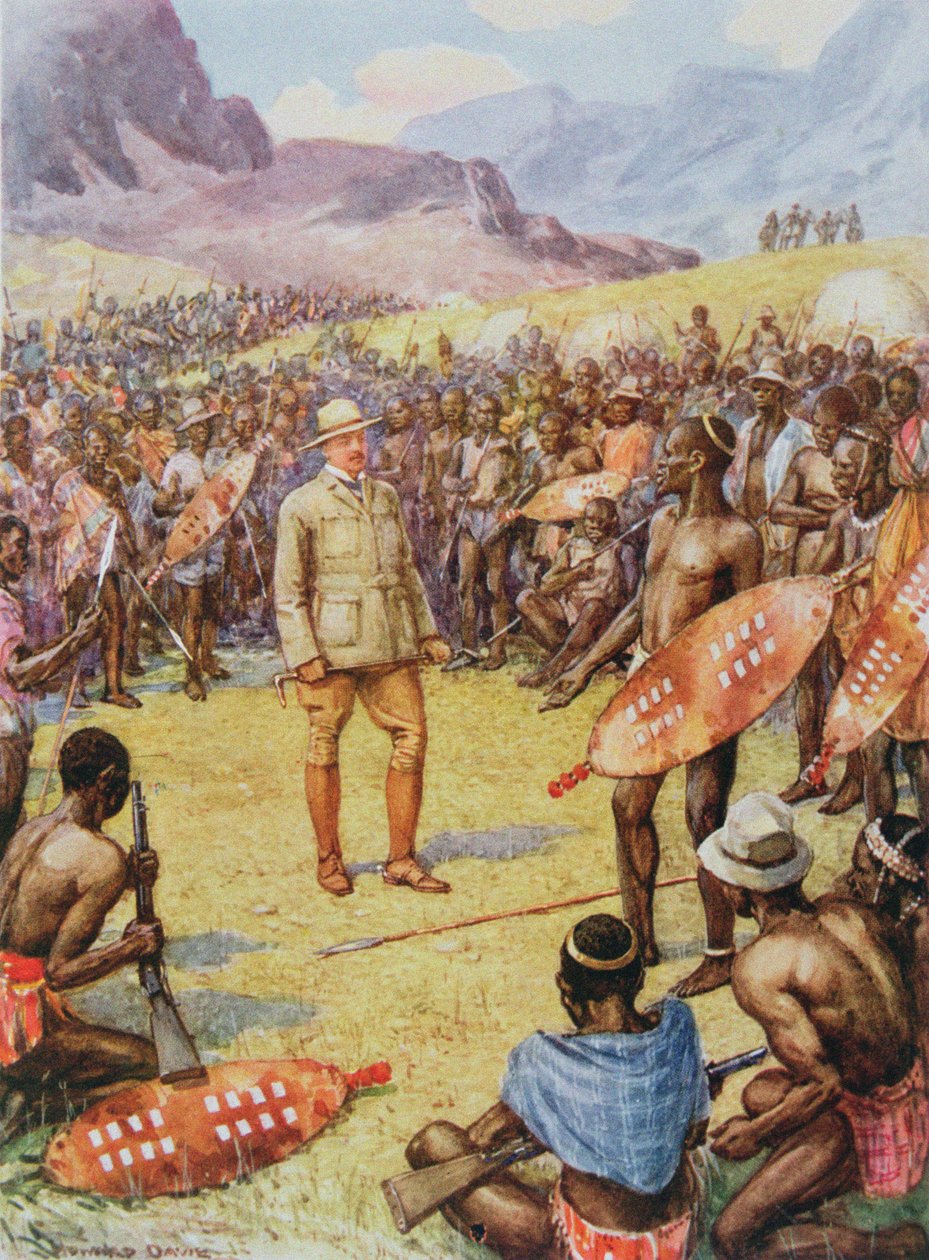 Cecil Rhodes (1853-1902) Matabeleiden kanssa Heroes of Historysta, pub. kirjoittanut Raphael Tuck & Son Ltd., Lontoo (kirjan kuvitus) tekijältä Howard Davie