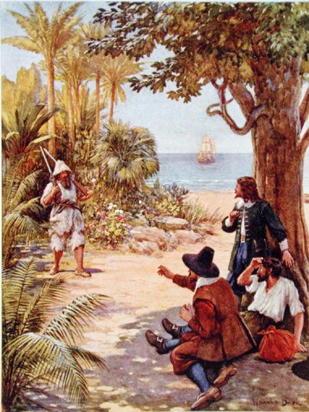 Crusoe ilmestyy laivan kapteenin eteen, kuvitus Daniel Defoen (1660-1731) Robinson Crusoelle (värilitho) tekijältä Howard Davie