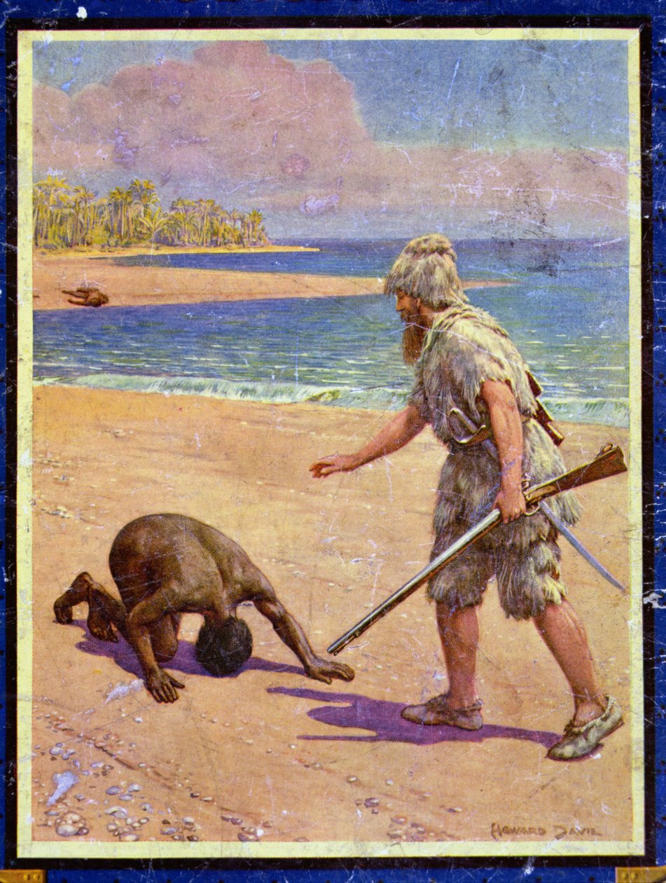 Crusoe and Man Friday, kuvitus Daniel Defoen (1660-1731) "Robinson Crusoelle" (värilitho) tekijältä Howard Davie
