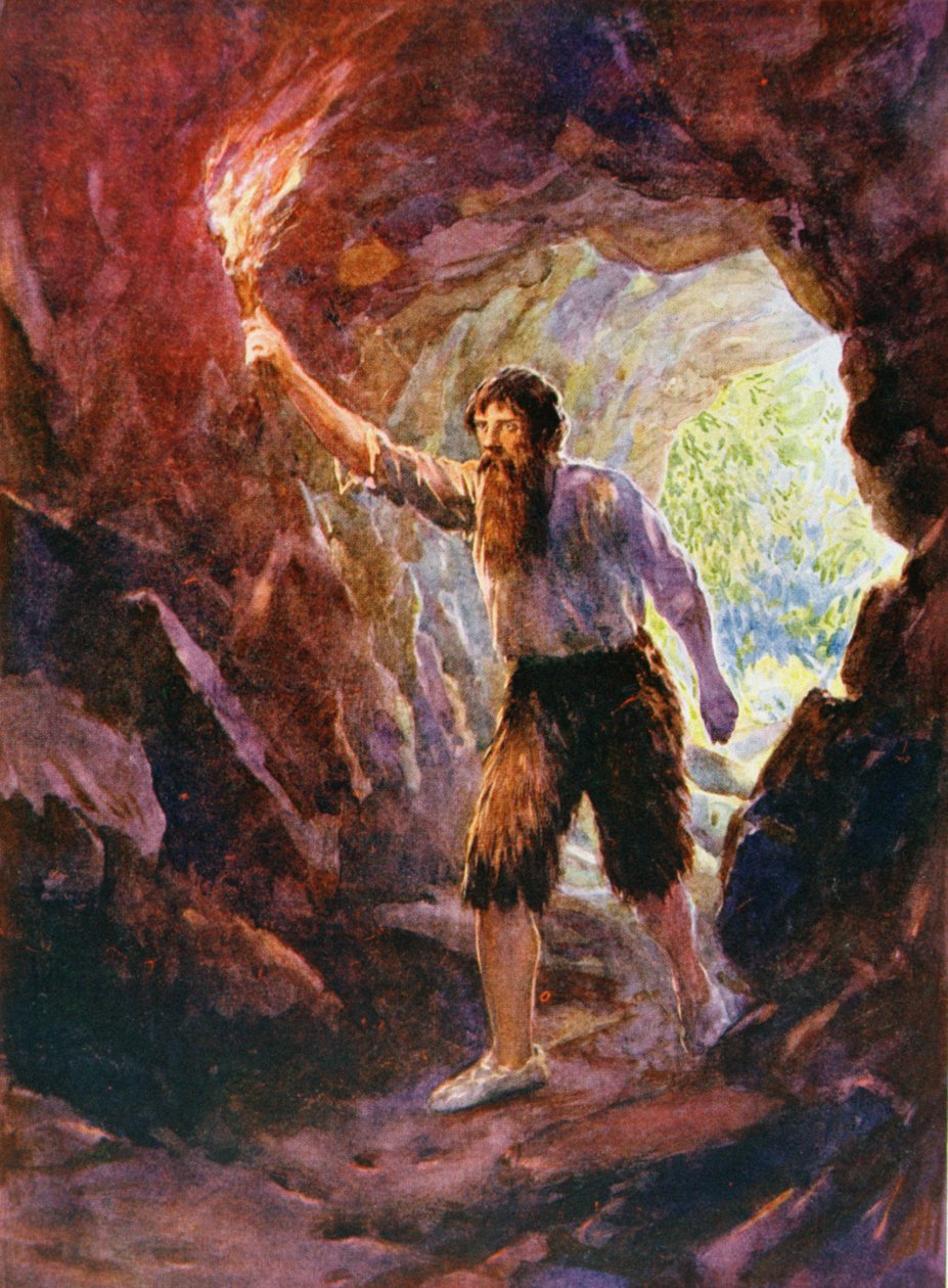 Crusoen seikkailu luolassa, kuvitus Daniel Defoen (1660-1731) "Robinson Crusoelle" (värilitho) tekijältä Howard Davie