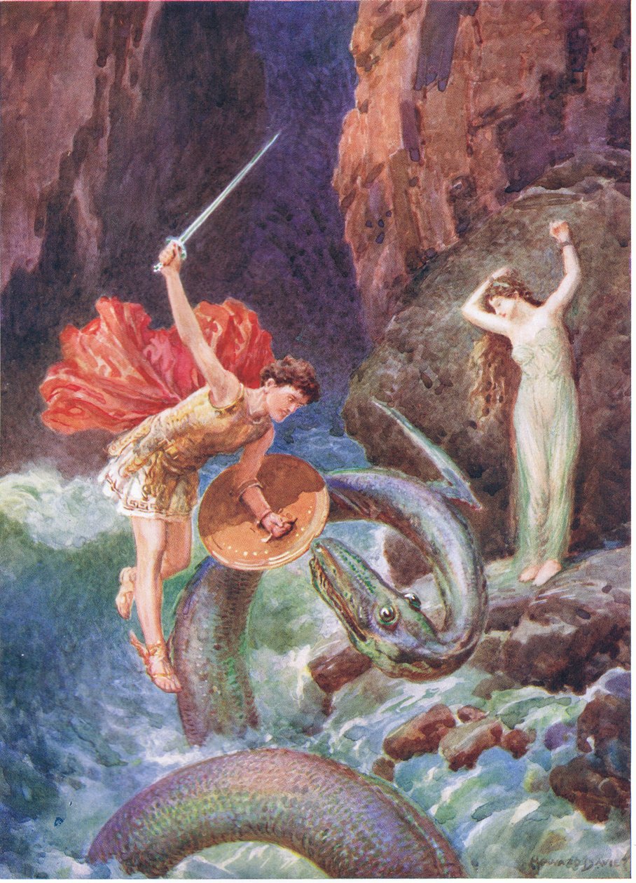 "Perseus putosi alas ilman korkeuksista", kuvitus kappaleeseen "Kuinka Perseus tuli Etiopiaan", Charles Kingsleyn (1819-75) kirjasta "Kuinka Perseus tuli Etiopiaan" (väri litho) tekijältä Howard Davie