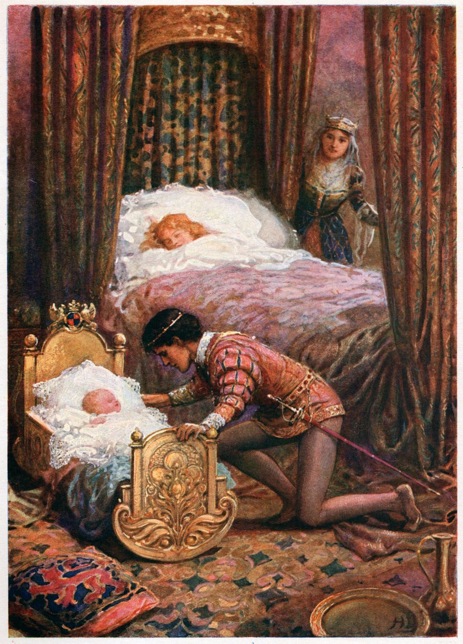 "Hän kumartui suutelemaan pientä vauvaa", Lilia E. Romanon italialaisista saduista, julkaisija Raphael Tuck & Sons (värilitho) tekijältä Howard Davie