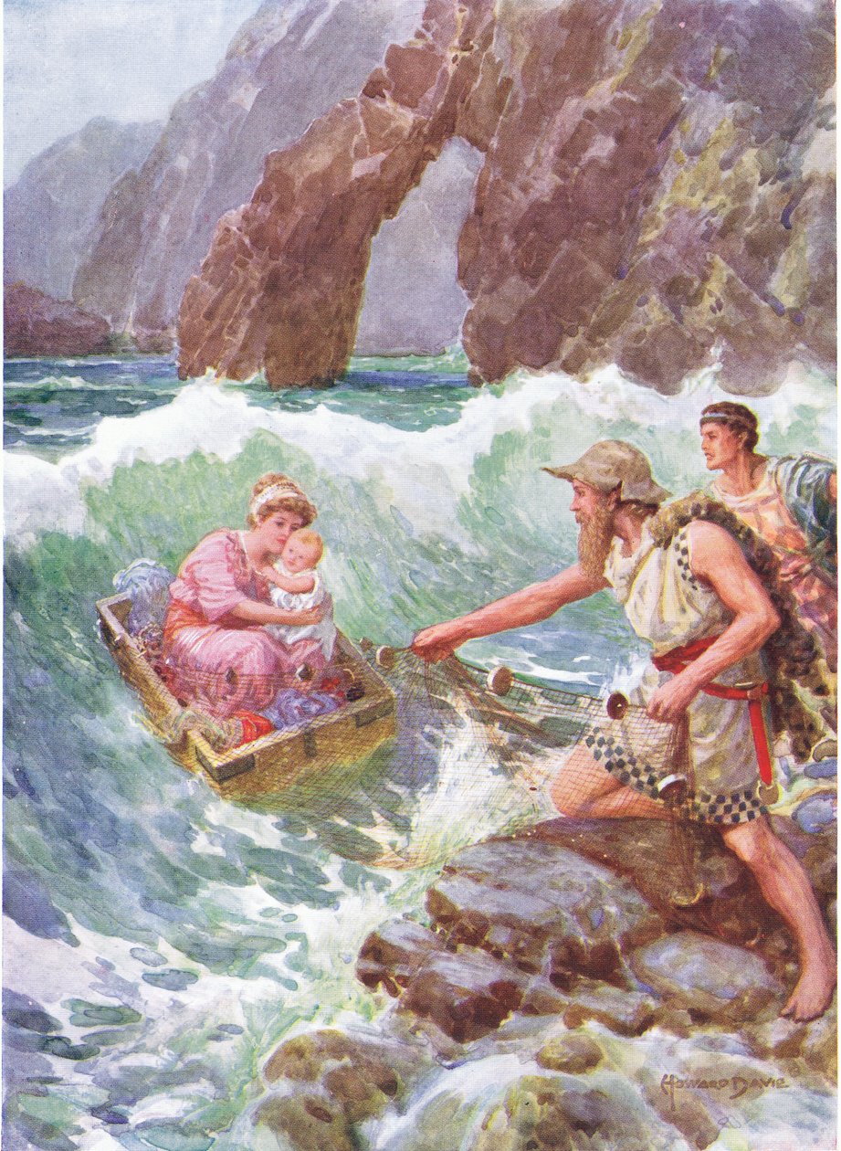 "Hän piirsi hänet ja vauva turvallisesti kallion reunalle", kuvitus "Kuinka Perseus ja hänen äitinsä tulivat Seriphosiin", Charles Kingsleyn (1819-75) kirjasta "Kuinka Perseus ja hänen äitinsä tulivat Seriphosiin", kirjoittanut Charles Kingsley (1819-75) tekijältä Howard Davie