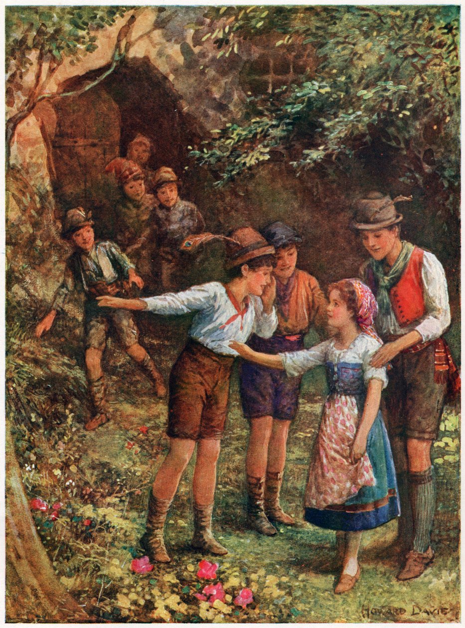 "Mortella ja hänen seitsemän veljensä", Italian Fairy Talesista, Lilia E. Romano, julkaisija Raphael Tuck & Sons (väri litho) tekijältä Howard Davie