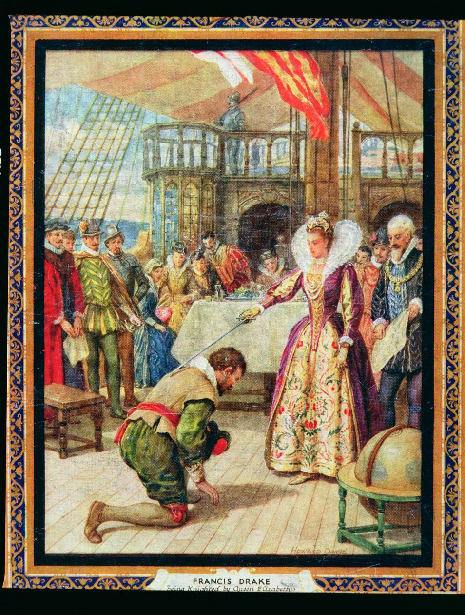 Kuningatar Elisabet I (1530-1603) ritarit Francis Drake (1540-96), kuvitus teoksesta "Historin sankarit" (väri litho) tekijältä Howard Davie