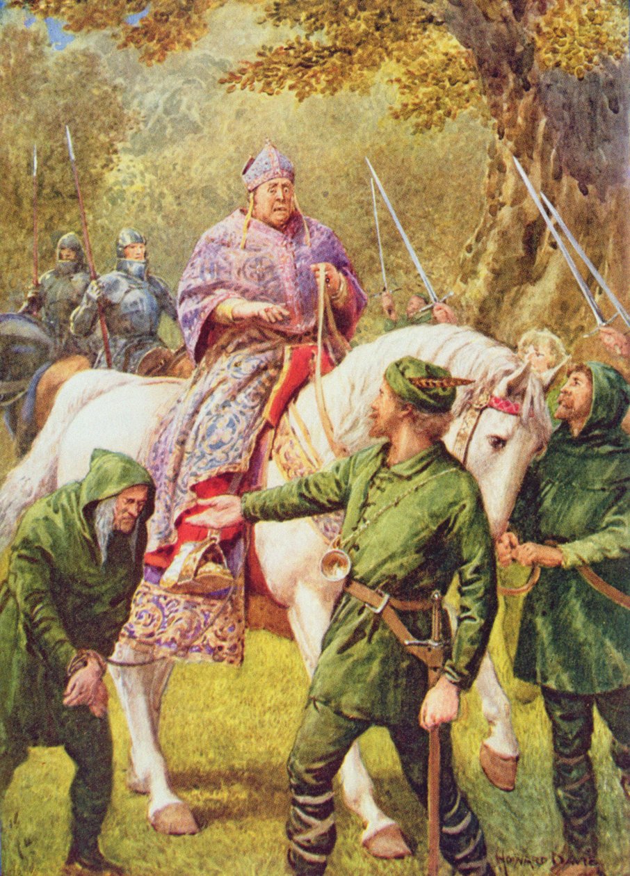 Robin Hood tapaa Herefordin piispan, kuva "Robin Hood ja hänen elämänsä Merry Greenwoodissa", kertoo Rose Yeatman Woolf, julkaisija Raphael Tuck tekijältä Howard Davie