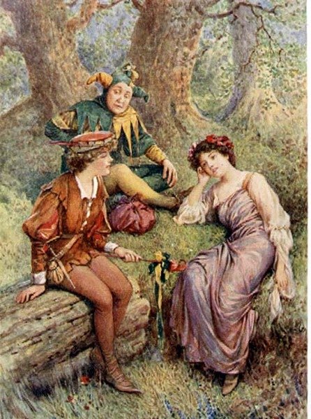 Rosalind, Celia ja Touchstone Edith Nesbitin (1858-1924) pubin "Shakespearen lasten tarinoista" -elokuvassa "As You Like It". kirjoittanut Raphael Tuck & Sons Ltd., Lontoo (kirjan kuvitus) tekijältä Howard Davie