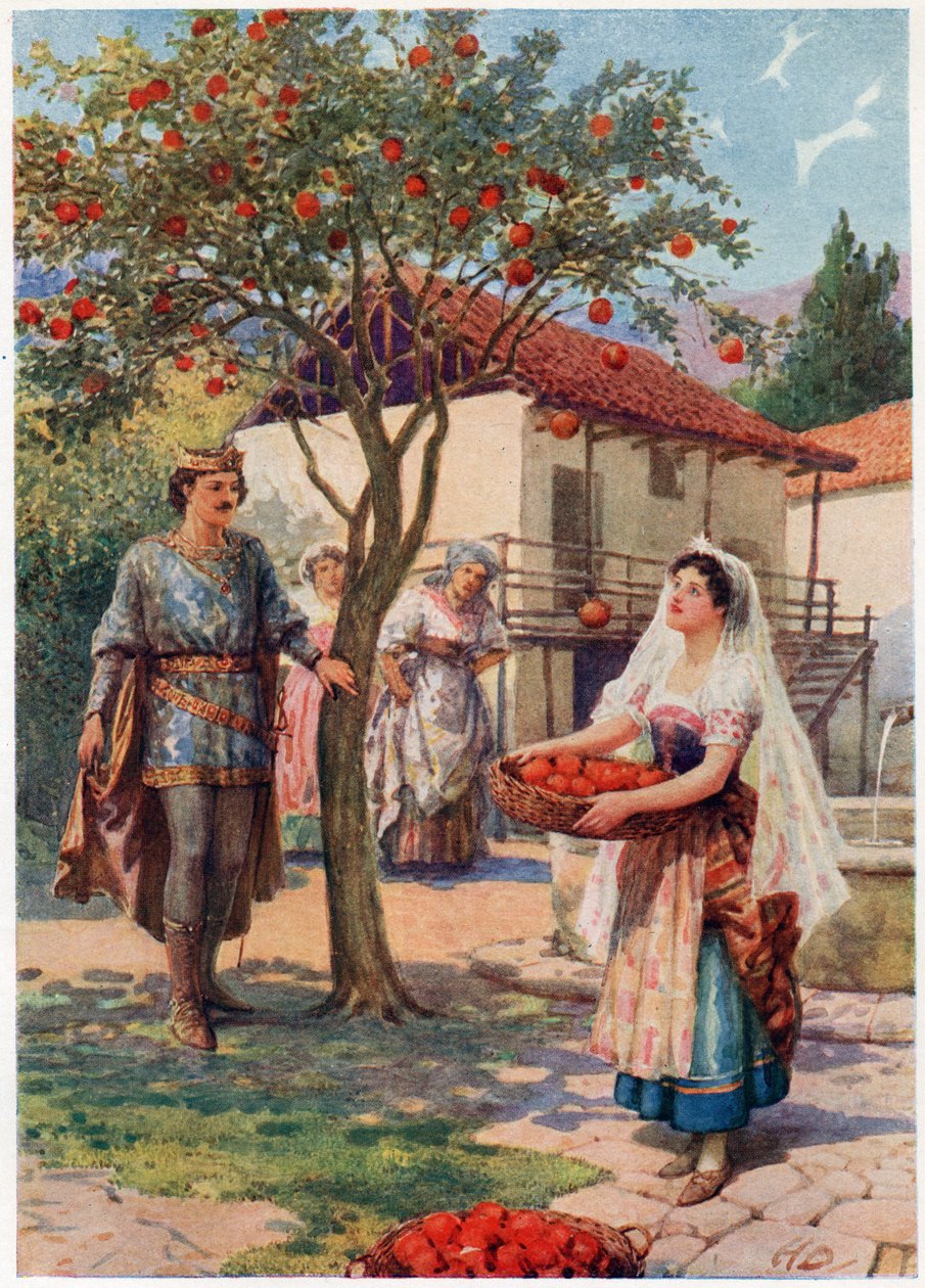 "Hedelmä putosi itsestään koriin.", Italian Fairy Tales, Lilia E. Romano, julkaisija Raphael Tuck & Sons (väri litho) tekijältä Howard Davie