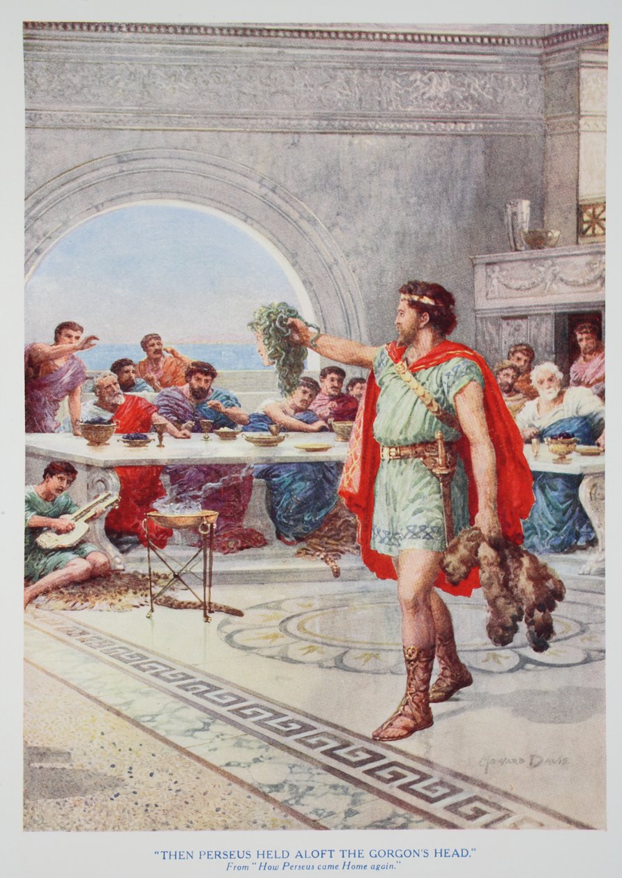 "Silloin Perseus piti Gorgonin päätä korkealla" (väri litho) tekijältä Howard Davie