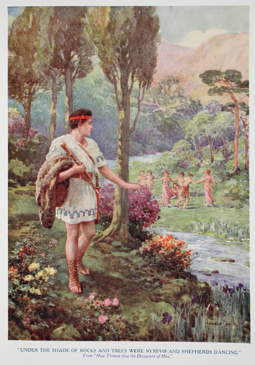 "Kivien ja puiden varjossa nymfit ja paimenet tanssivat" (väri litho) tekijältä Howard Davie