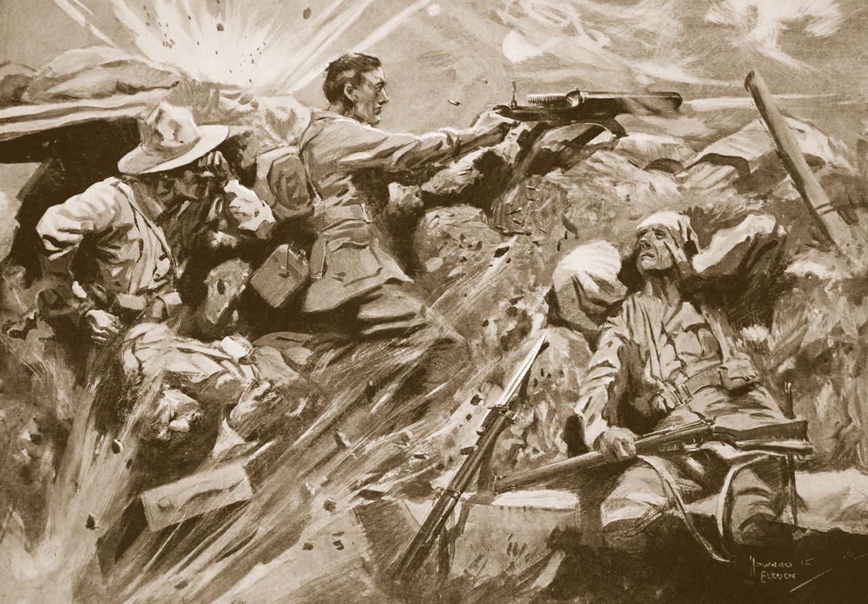 Private Cooke jatkaa konekiväärin ampumista sen jälkeen, kun jokainen aseryhmän jäsen oli kuollut tai haavoittunut tekijältä Howard K. Elcock