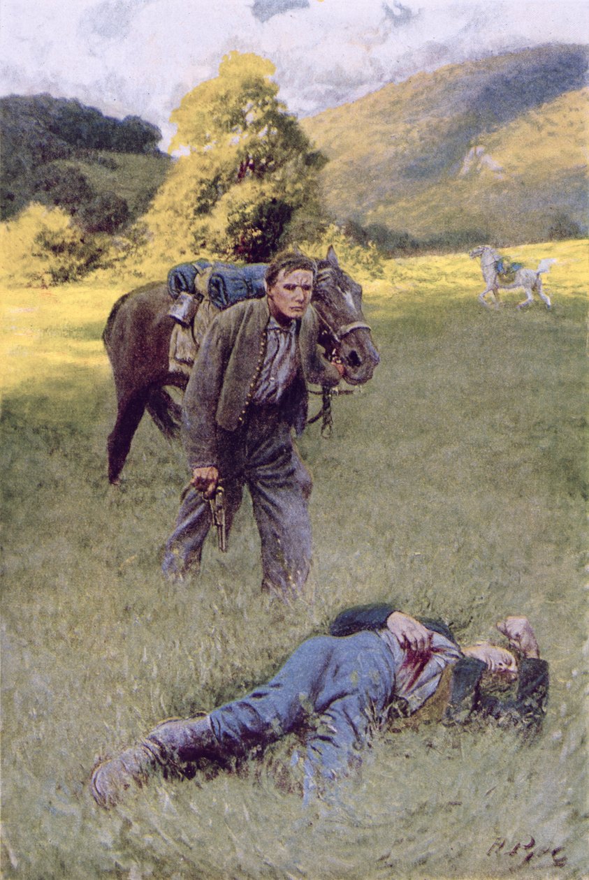 Yksinäinen kaksintaistelu keskellä suurta aurinkoista kenttää, kuvitus William Gilmore Beymerin Rowandista, pubi. Harper