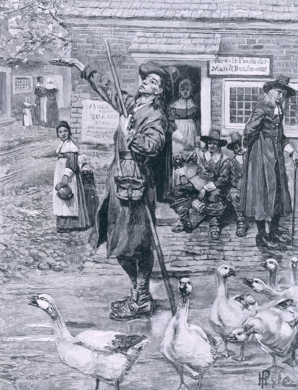 Quaker Exhorter Uudessa Englannissa, kuvitus Thomas Wentworth Higginsonin teoksesta The Second Generation of Englishmen in America, pub. Harper