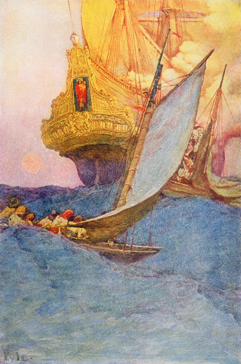 Hyökkäys kaleonia vastaan, 1900-luvun alku (kirjan kuvitus). tekijältä Howard Pyle