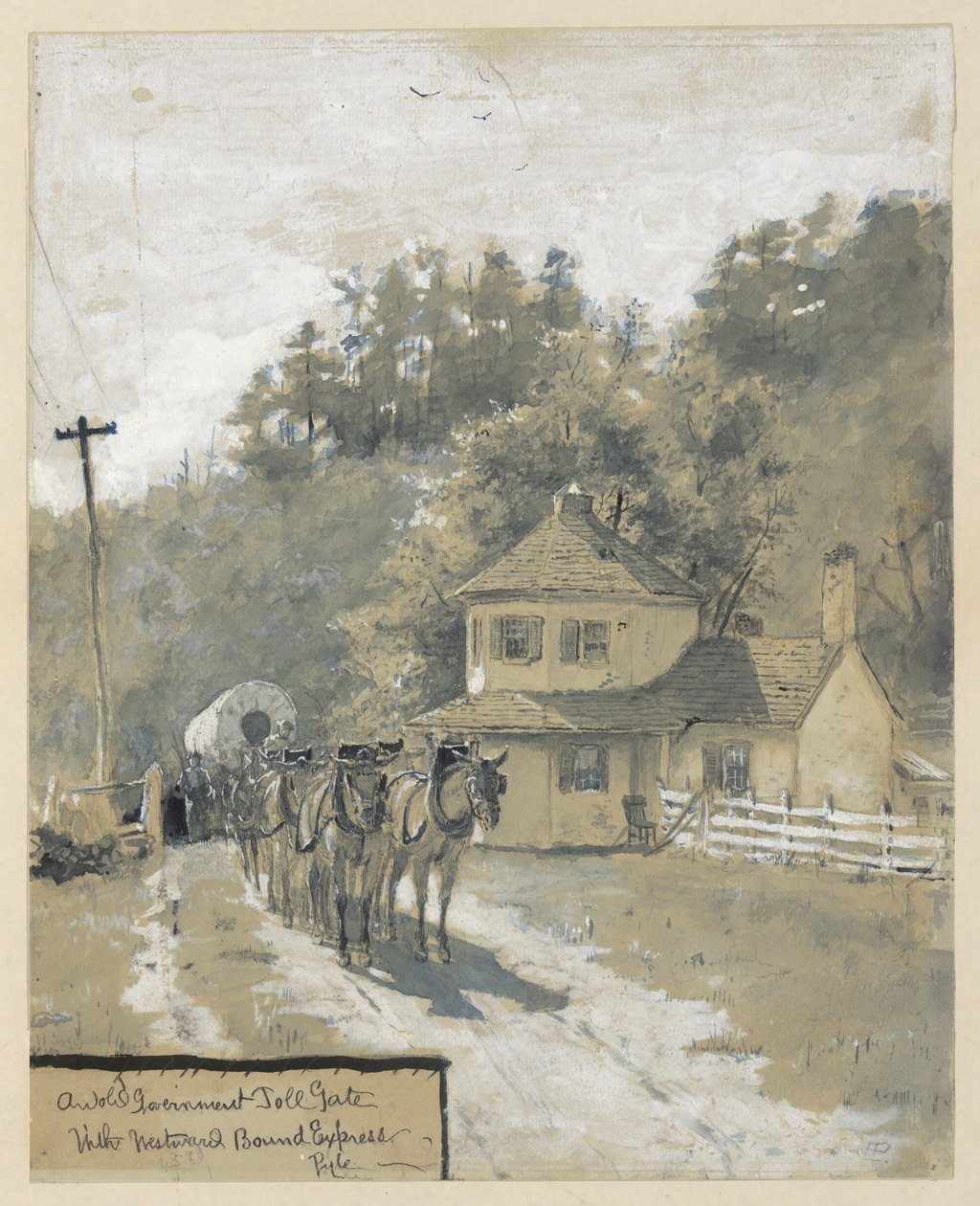 Vanha hallituksen maksullinen portti Westward Bound Expressin kanssa, piirros artikkelin kuvituksesta tekijältä Howard Pyle