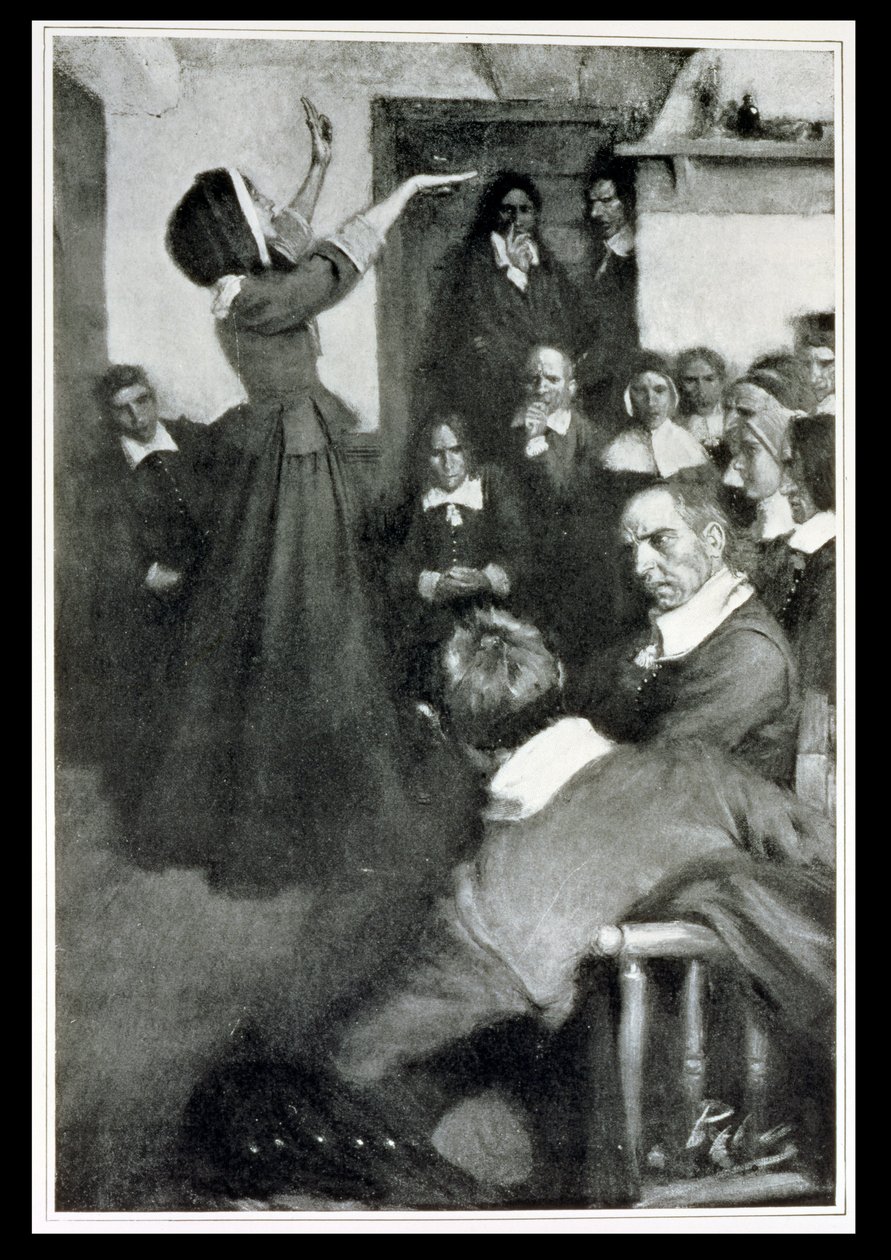 Anne Hutchinson saarnaa talossaan Bostonissa, 1637, kuvitus Woodrow Wilsonin teoksesta Colonies and Nation, pubi. Harper
