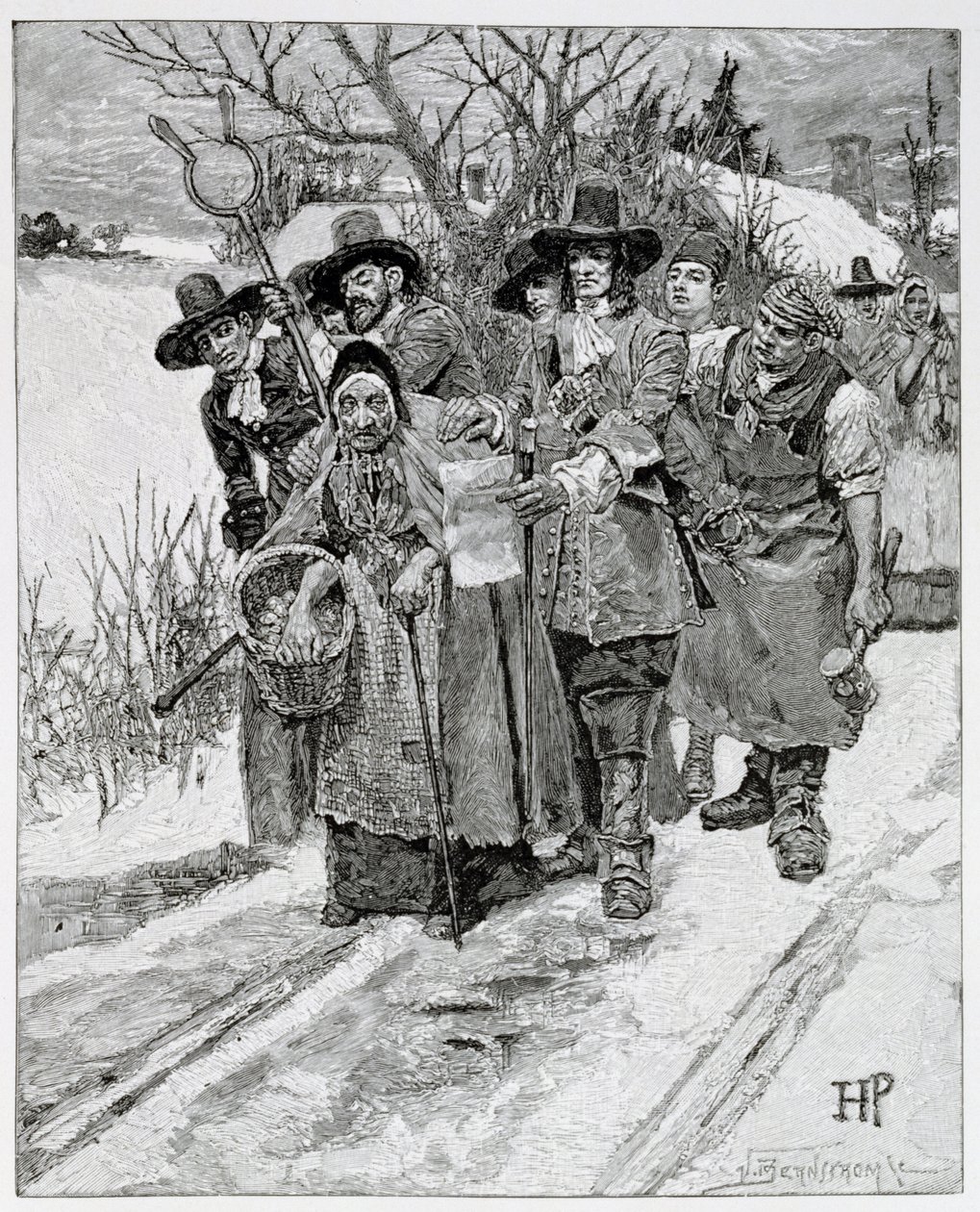 Arresting a Witch, kaiverrettu J. Bernstrom, kuvitus Thomas Wentworth Higginsonin teoksesta The Second Generation of Englishmen in America, pub. Harper