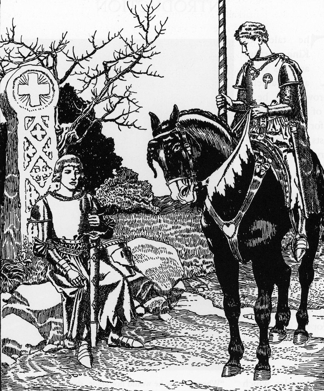 Arthurian Legend: Galahad Meets Melyas de Lyle Howard Pylen (1853-1911) kuvitus teoksesta Graalin ja Arthurin kuoleman tarina” 1910 Yksityinen kokoelma tekijältä Howard Pyle