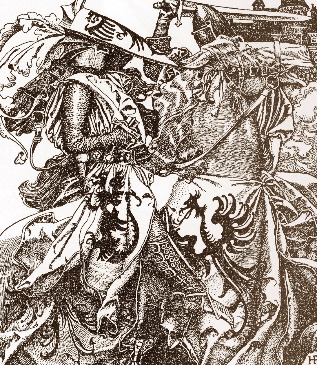 Arthurian Legenda: Kay (Keu), pyöreän pöydän ritari, murtaa miekkansa turnauksessa (Sir Kay, pyöreän pöydän ritari, murtaa miekkansa turnauksessa) Howard Pylen (1853-1911) kuvitus teoksesta Tarina kuningas Arthurista ja hänen ritareistaan”” 190 tekijältä Howard Pyle