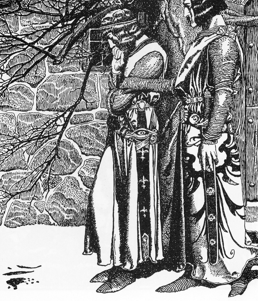 Arthurian Legend: The Knight Kay (Keu) ja Perceval (Sir Kay ja Sir Percival) Howard Pylen (1853-1911) kuvitus teoksesta "Pyöreän pöydän mestareiden tarina" 1905 Yksityinen kokoelma tekijältä Howard Pyle