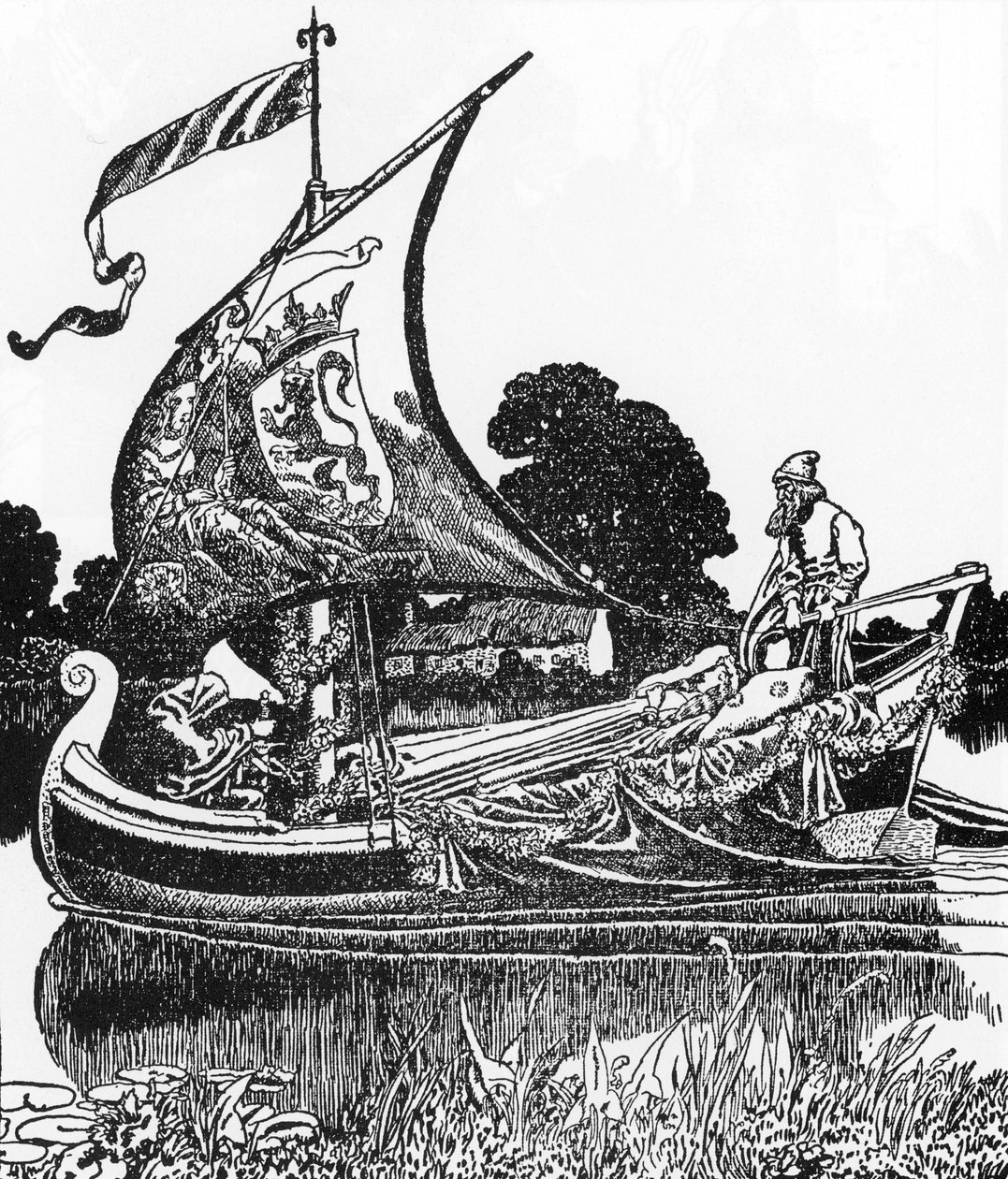 Arthurian Legenda: Kuolleiden proomu tuo kuningas Arthurin ruumiin Howard Pylen (1853-1911) kuvitus "Sir Launcelotin ja hänen seuralaistensa tarinasta" 1907 yksityiskokoelma tekijältä Howard Pyle
