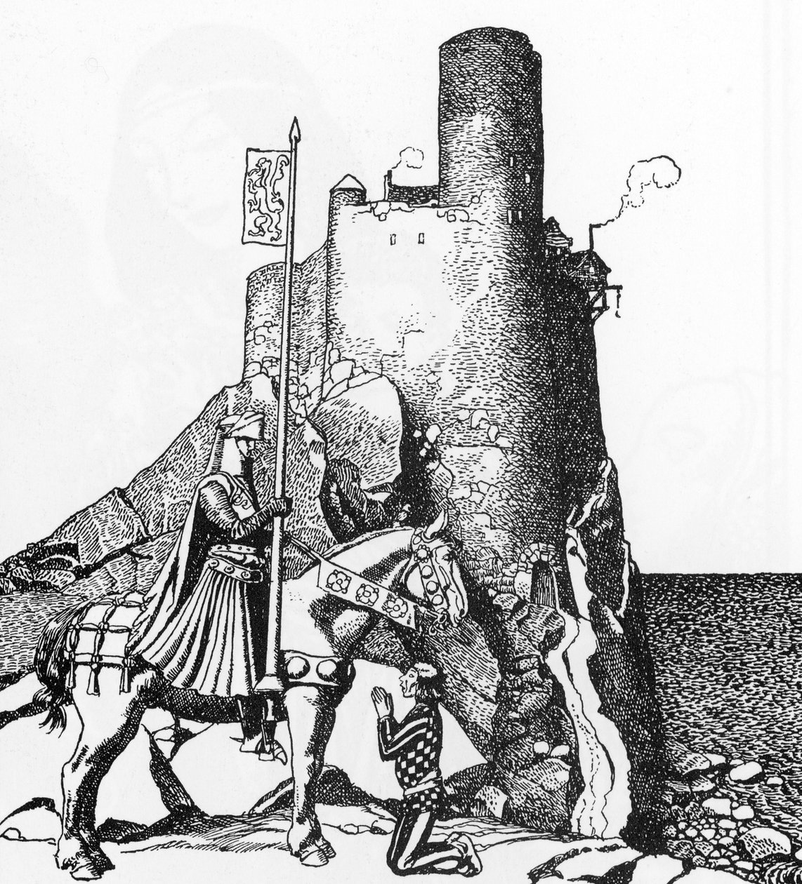 Lenda Arturiana: Tristão chegando ao Castelo de Nabon (Sir Tristam chegando ao castelo de Sir Nabon) Ilustração de Howard Pyle (1853-1911) de “A História dos campeões da mesa redonda”” 1905 Coleção particularfinlandês tekijältä Howard Pyle