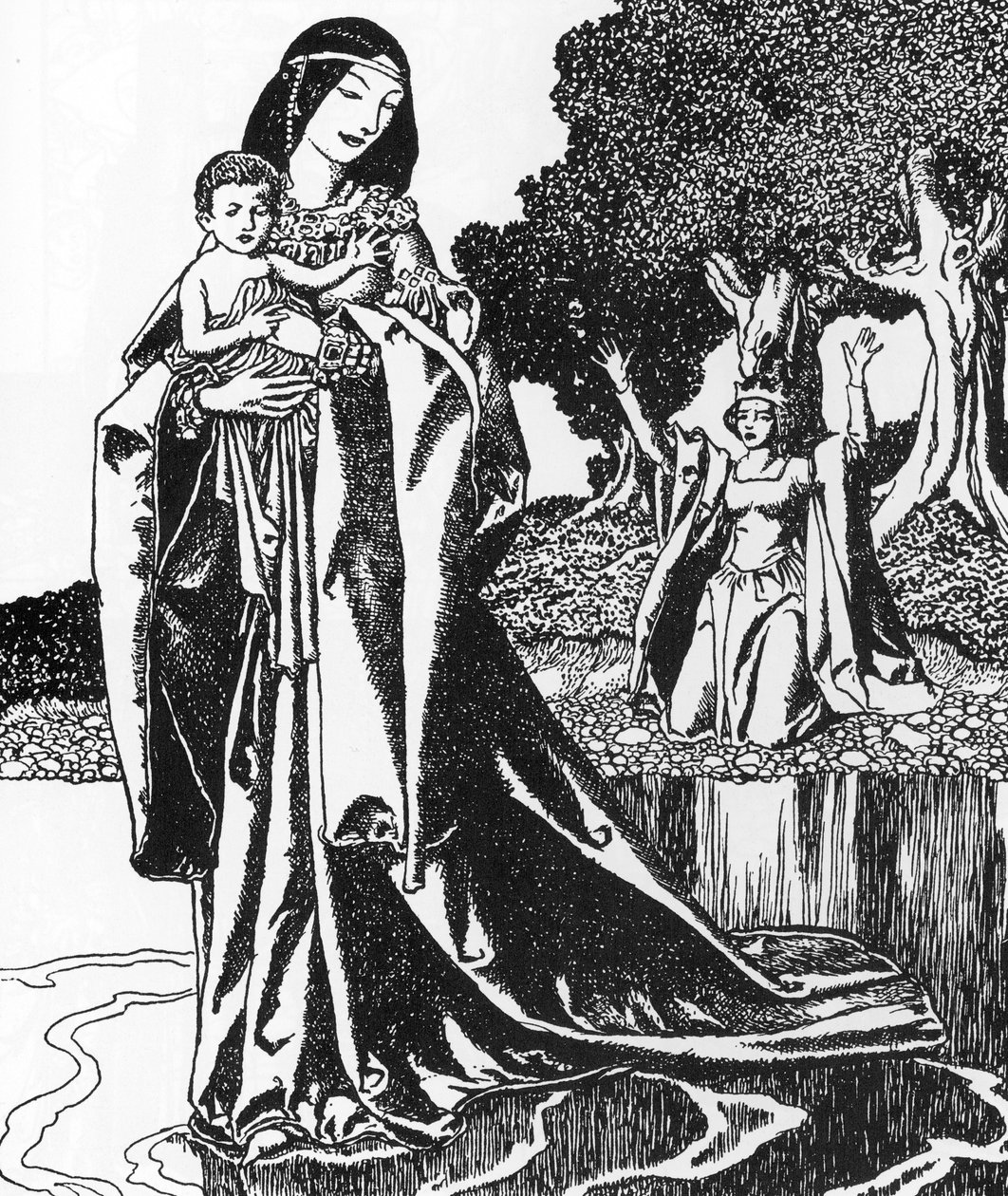 Arthurian Legenda: la dame du Lacableve Lancelot enfant (Lady of the Lake kantaa Lancelotin) Howard Pylen (1853-1911) kuvitus teoksesta "Pyöreän pöydän mestareiden tarina" 1903 Yksityinen kokoelma tekijältä Howard Pyle