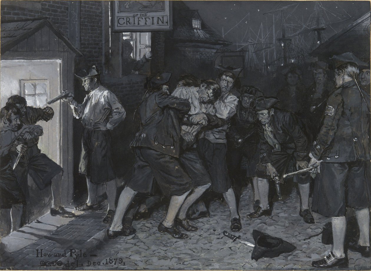Aarnikotkan kyltin luona, piirros kuvitusta varten John Austin Stevensin artikkeliin "Vanhan New Yorkin kahvihuoneet" tekijältä Howard Pyle