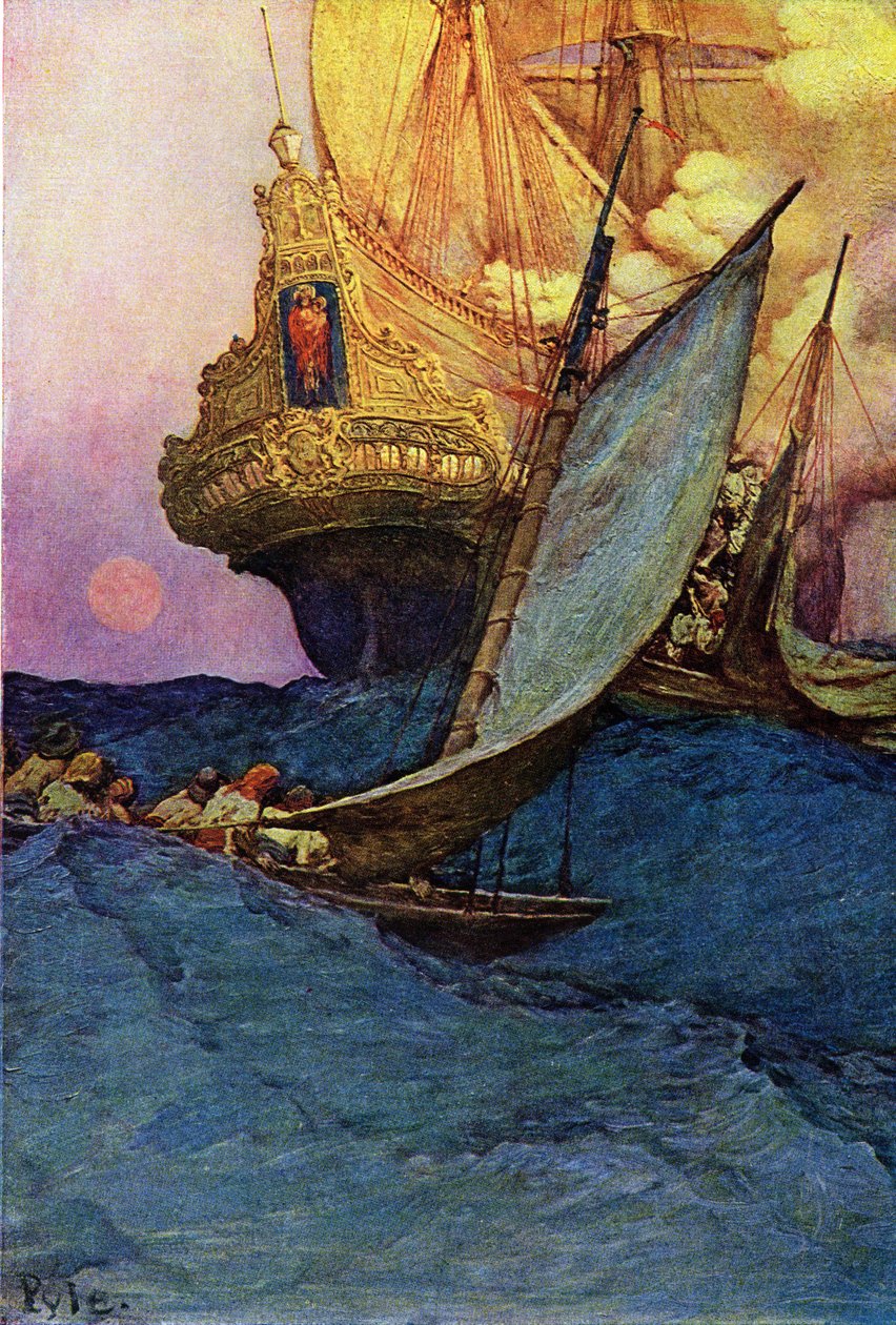 Merirosvojen hyökkääminen galleoniin. Amerikkalaisen kuvittajan Howard Pylen (1853-1911) "" Pirates Buccaneers and Marooners of the Spanish Main tekijältä Howard Pyle