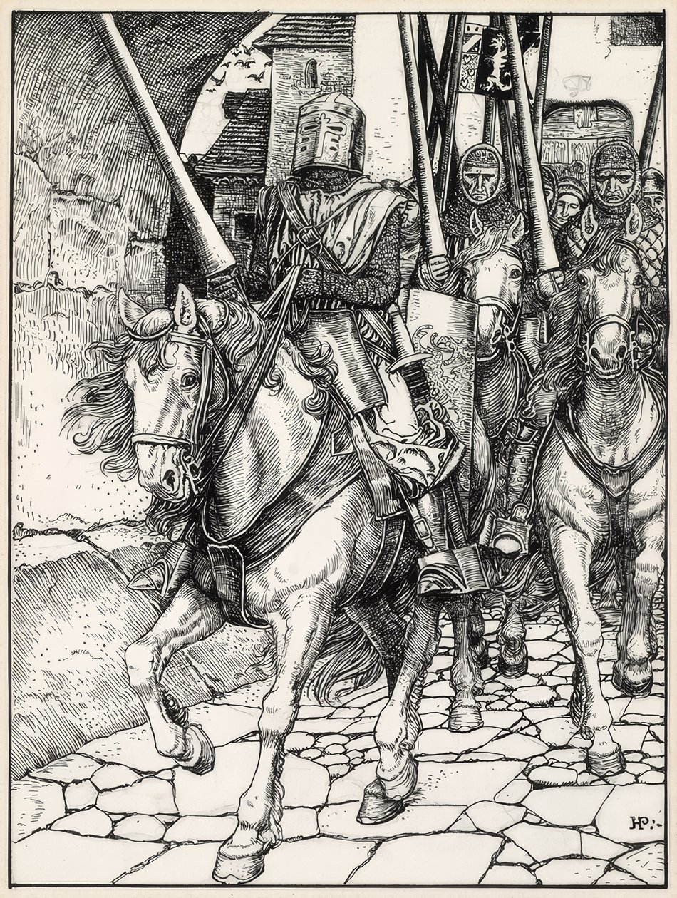 He ratsastivat pois sorkkien kolisevin kavioin ja kilisevin haarniskoin... tekijältä Howard Pyle