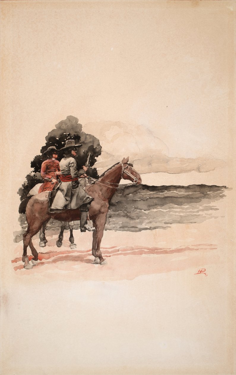 Rosvot hevosen selässä (akvarelli laudalle) tekijältä Howard Pyle