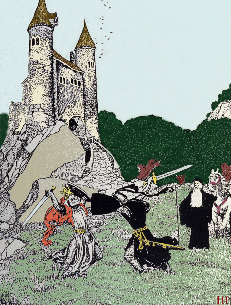 Taistelu kuningas Arthurin (Artus) ja mustan ritarin välillä lumoavan Merlinin läsnä ollessa. Kuvitus: Howard Pyle (1853 - 1911), yhdysvaltalainen kuvittaja tekijältä Howard Pyle