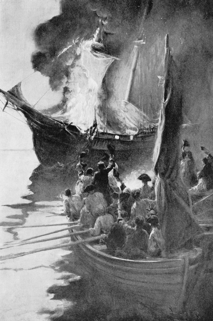 Burning of the Gaspee, kuvitus Woodrow Wilsonin teoksesta Colonies and Nation, pub. Harper