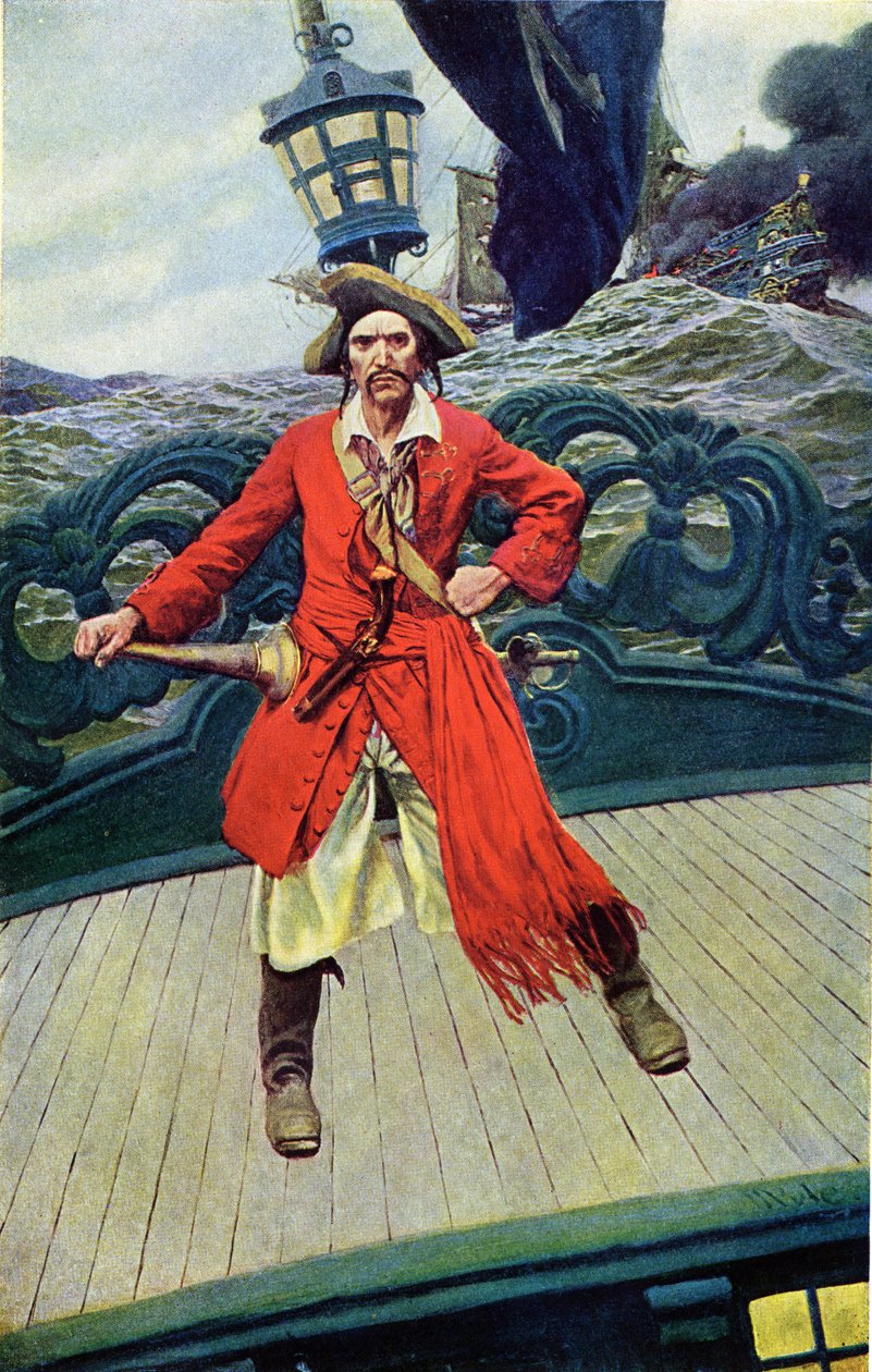 Kapteeni Keith aluksensa kannella. Kuvitus yhdysvaltalaisen kuvittajan Howard Pylen (1853-1911) teoksesta "Pirates Buccaneers and Marooners of the Spanish Main" tekijältä Howard Pyle