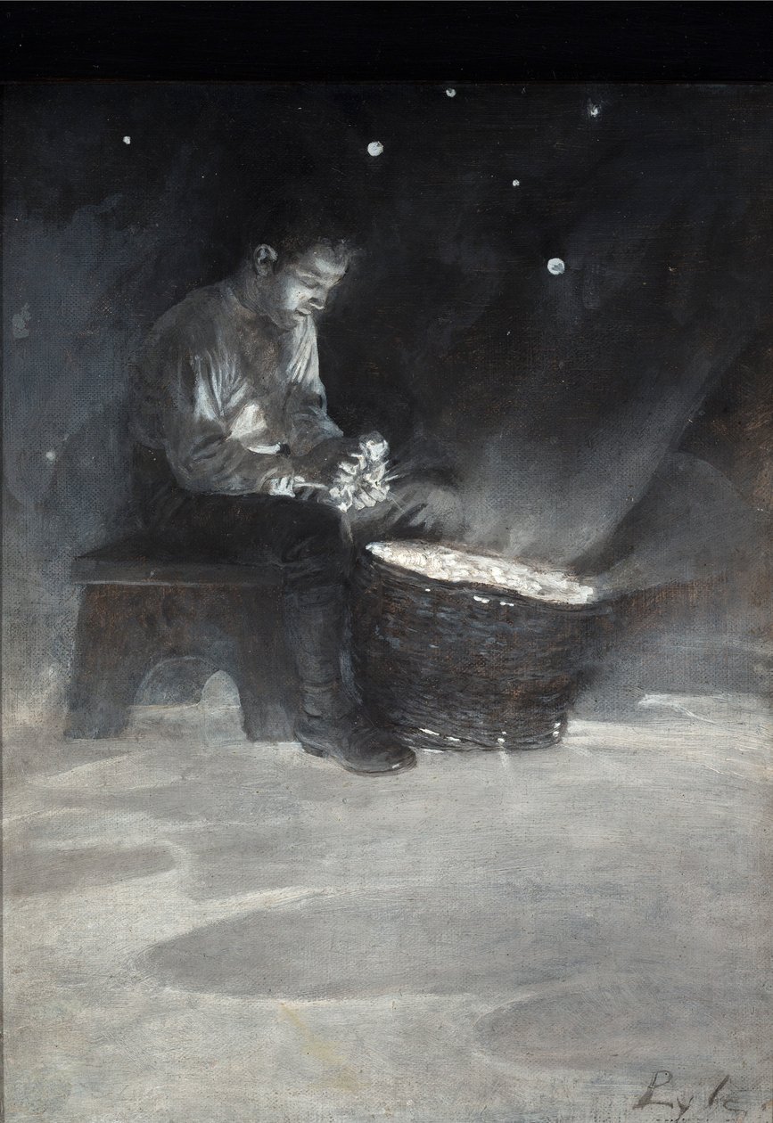 David es va asseure al banc de fusta i va agafar una gran estrella blava, de "The Garden Behind the Moon" de Howard Pyle, publicat el 1895 (oli sobre taula) finlandès tekijältä Howard Pyle