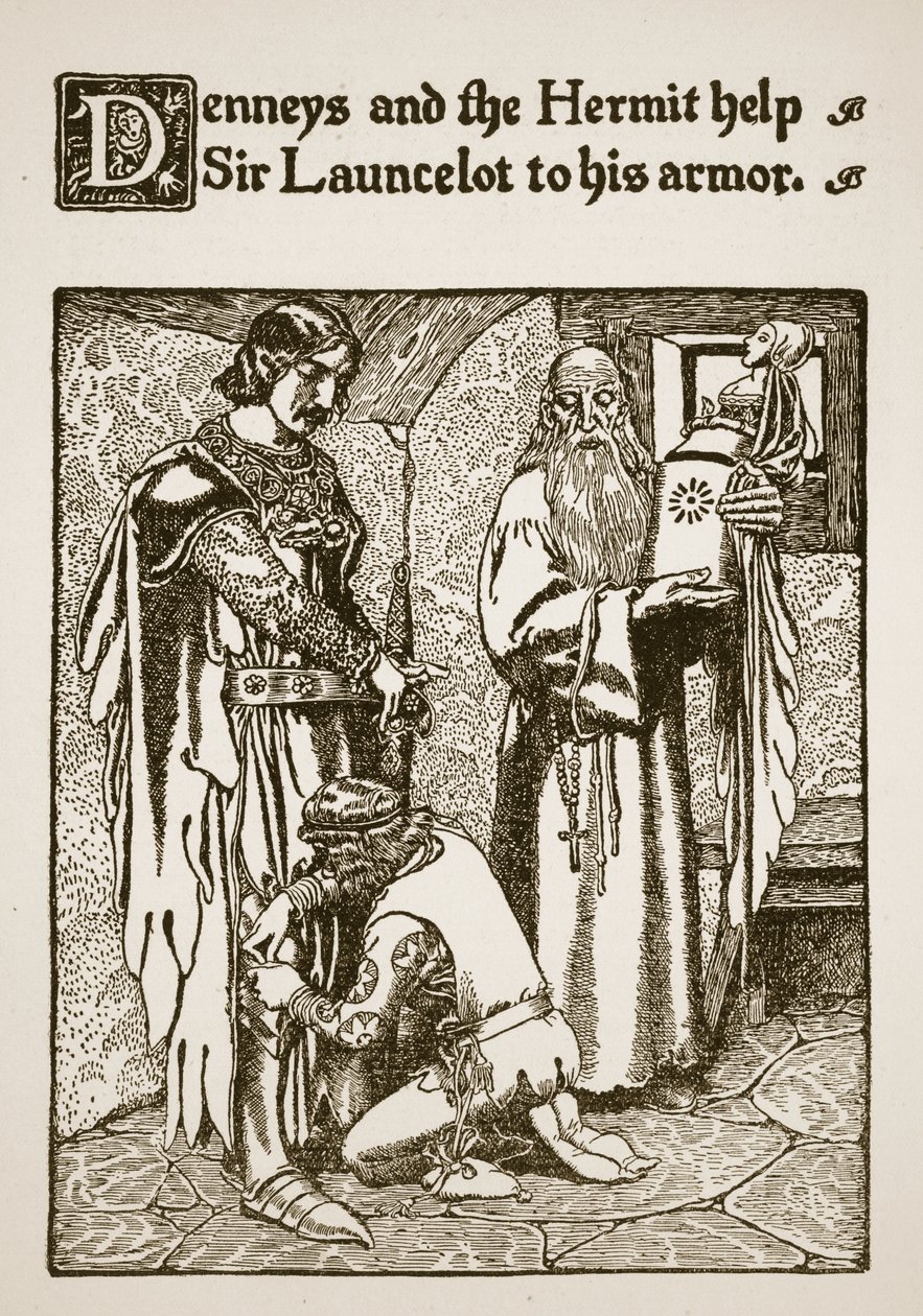 Denneys ja erakko auttavat Sir Launcelotin panssariin, kuvitus teoksesta "Sir Launcelotin ja hänen seuralaistensa tarina", 1907 tekijältä Howard Pyle