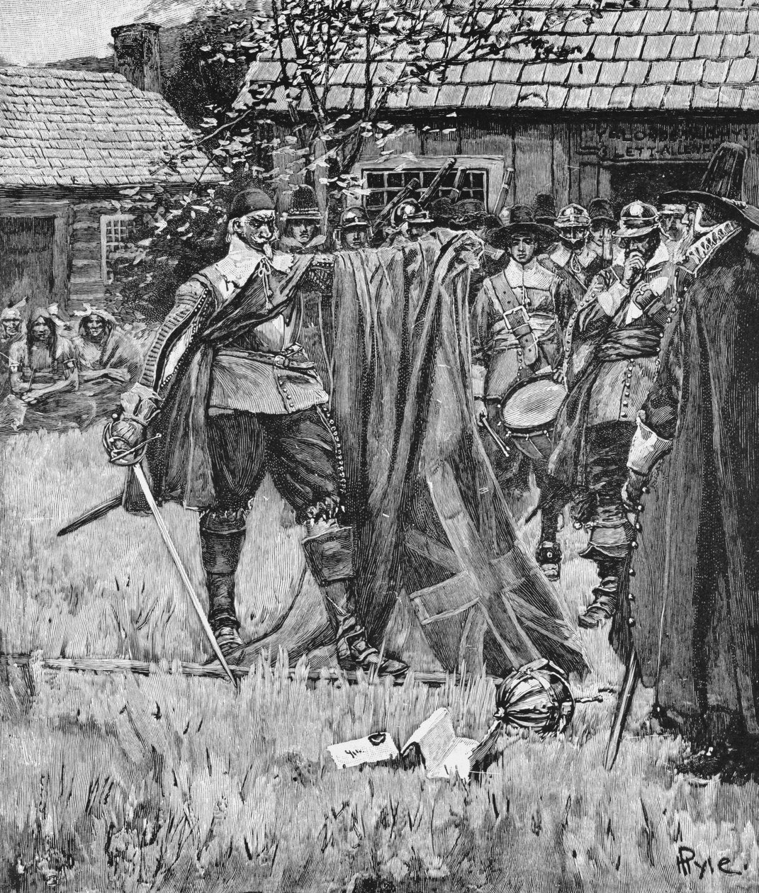 Endicott leikkaa ristin Englannin lipusta, kuvitus Thomas Wentworth Higginsonin julkaisusta "An English Nation", pubi. Harper
