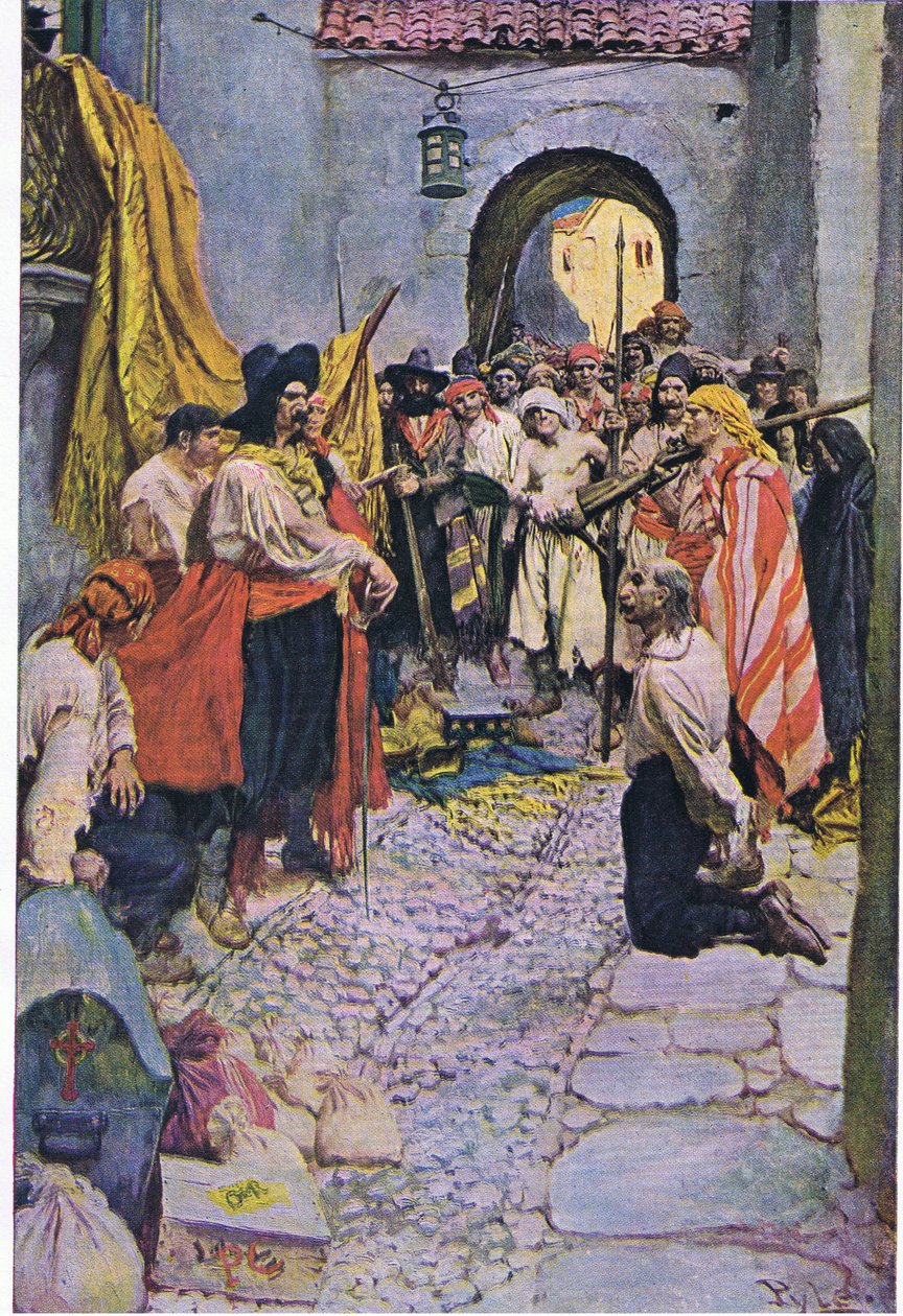 Kansalaisten kiristäminen, Howard Pyles Book of Pirates -kirjasta, jonka julkaisi Harper & Bros, 1921. tekijältä Howard Pyle