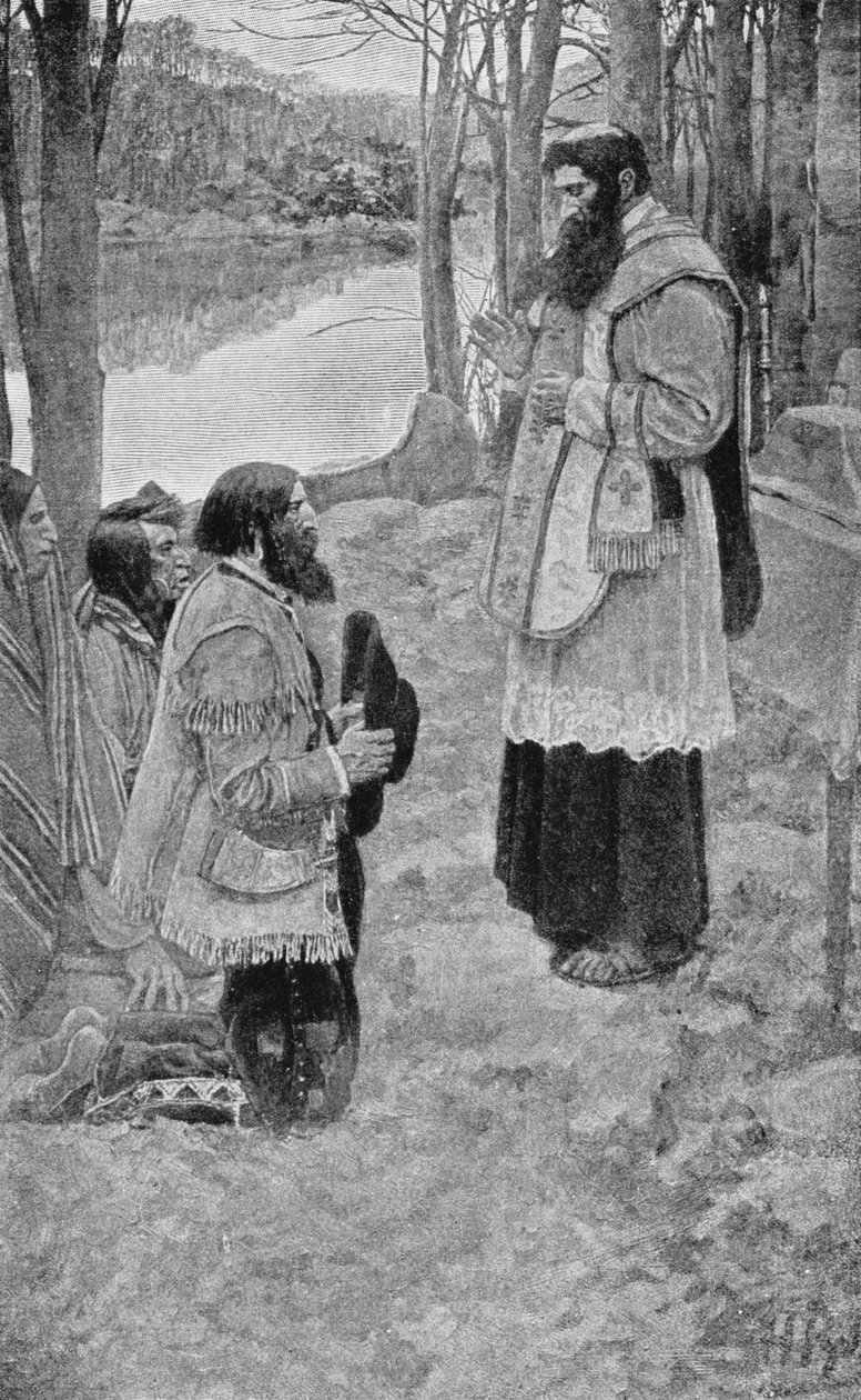 Isä Hennepin viettää messua, kuvitus Francis Parkmanin teoksesta "La Salle ja suuren lännen löytäminen" tekijältä Howard Pyle