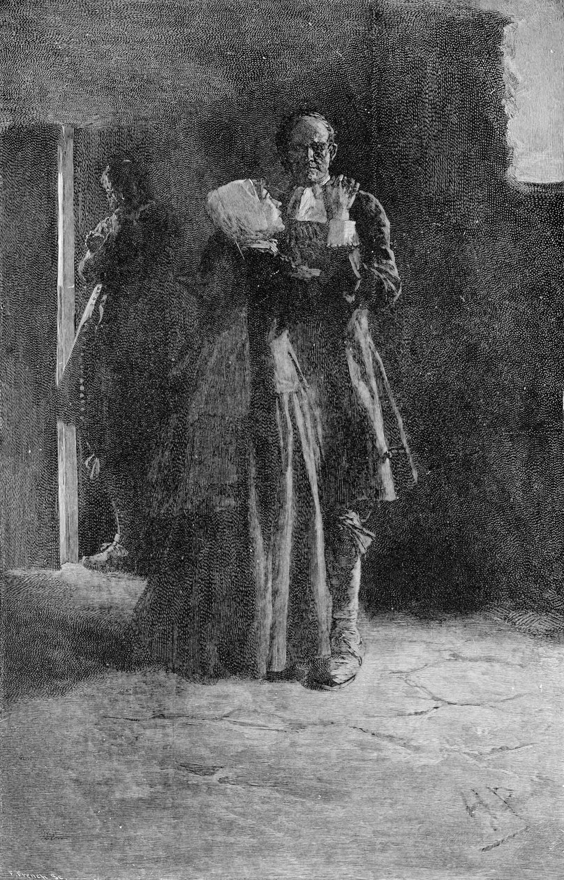 Giles Corey vankilassa, kaivertanut Frank French (1850-1933) piirros Mary E. Wilkinsin teoksesta Giles Corey, Yeoman, pub. Harper