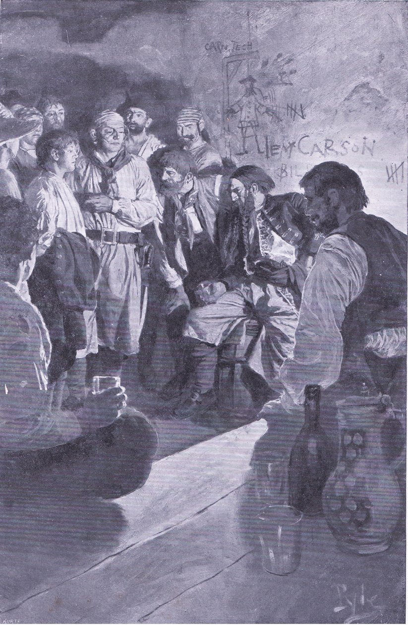 Hän johdatti Jackin tynnyrillä istuvan miehen luo, Howard Pyles Book of Pirates -kirjasta, jonka julkaisi Harper & Bros, 1921. tekijältä Howard Pyle